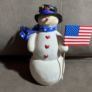 Patriotic Snowman Figurine with American Flag